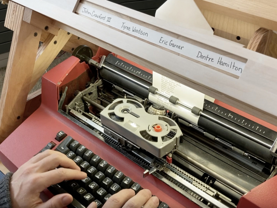 A closeup view of the Selectric typewriter used in the installation Anechoia Memoriam