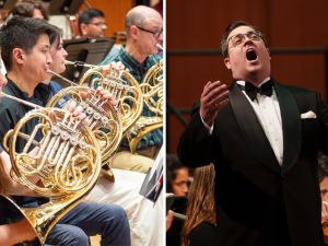 Collage showing students playing wind instruments on the left and an opera singer on the right