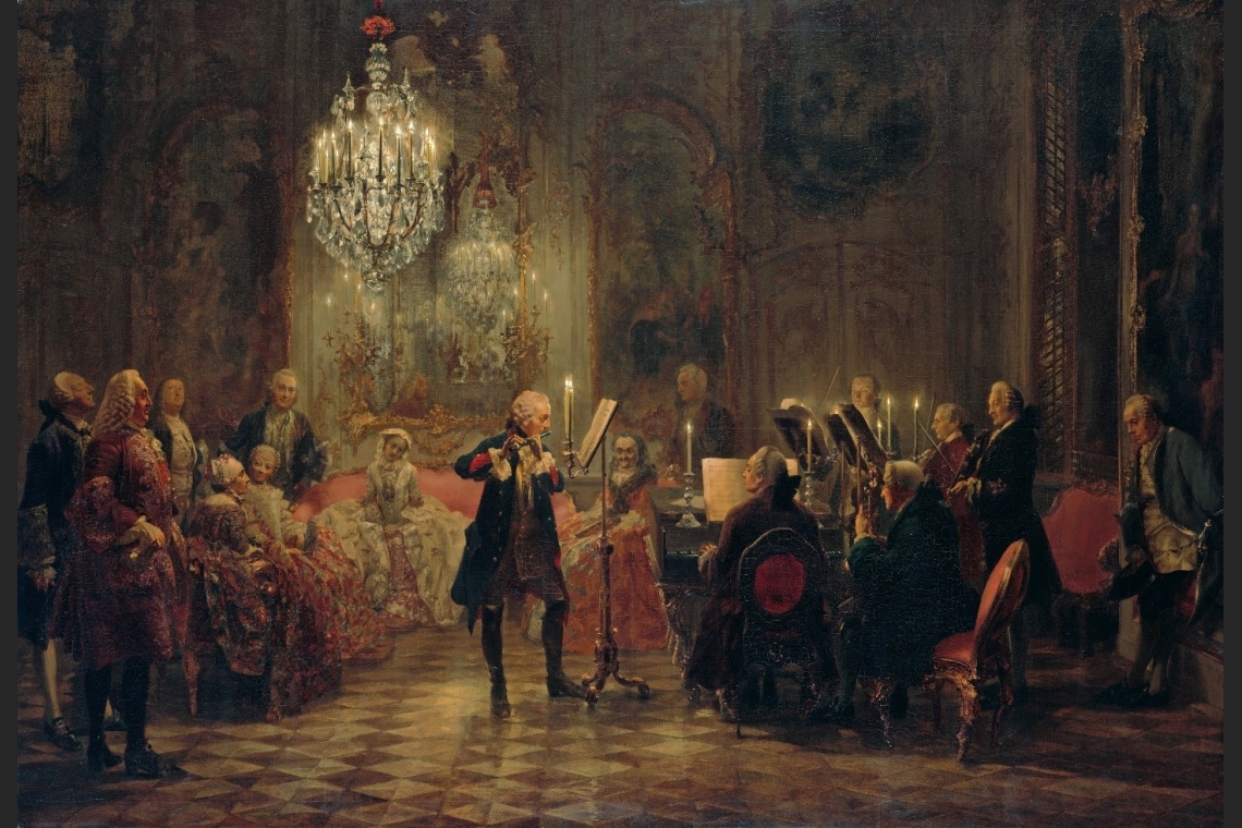 Adolph Menzel, Frederick the Great Playing the Flute (1852). Seated at the keyboard is C. P. E. Bach.